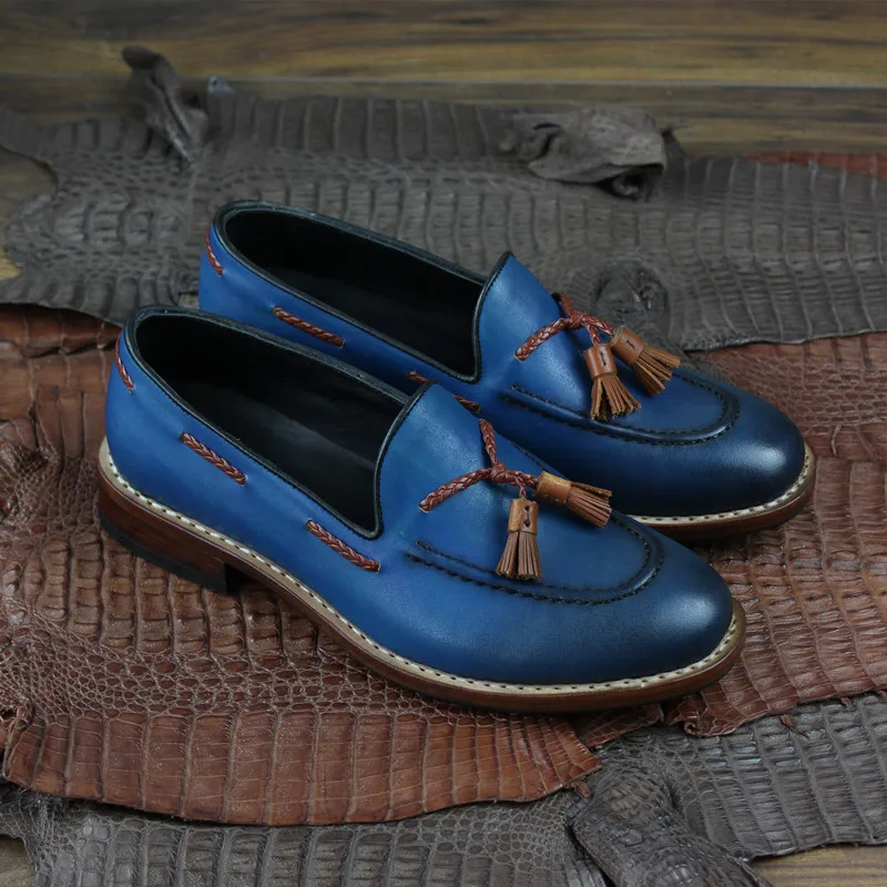 MALONEDA Bespoke Big Size 37-47 Men's Tassel Loafers Handmade Goodyear Genuine Leather Casual Slip On Shoes Blue Color