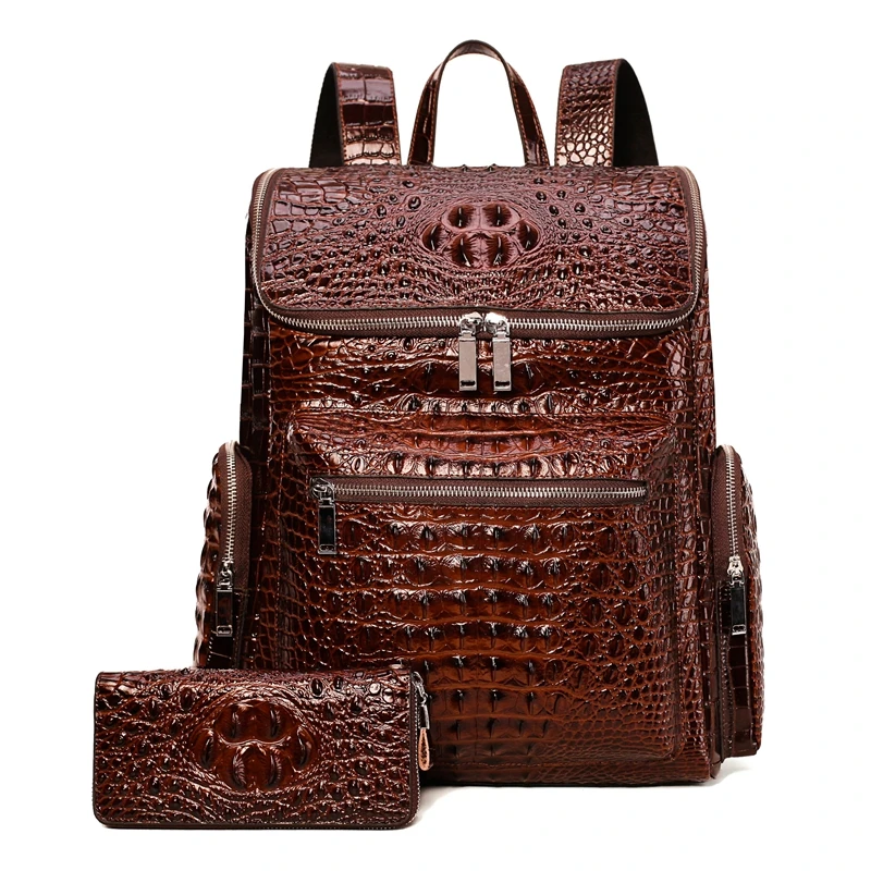 Luxury Brand 100% Genuine Leather Men Backpack Alligator Real Natural Leather Student Backpack Boy Computer Laptop Bag 15 Inch