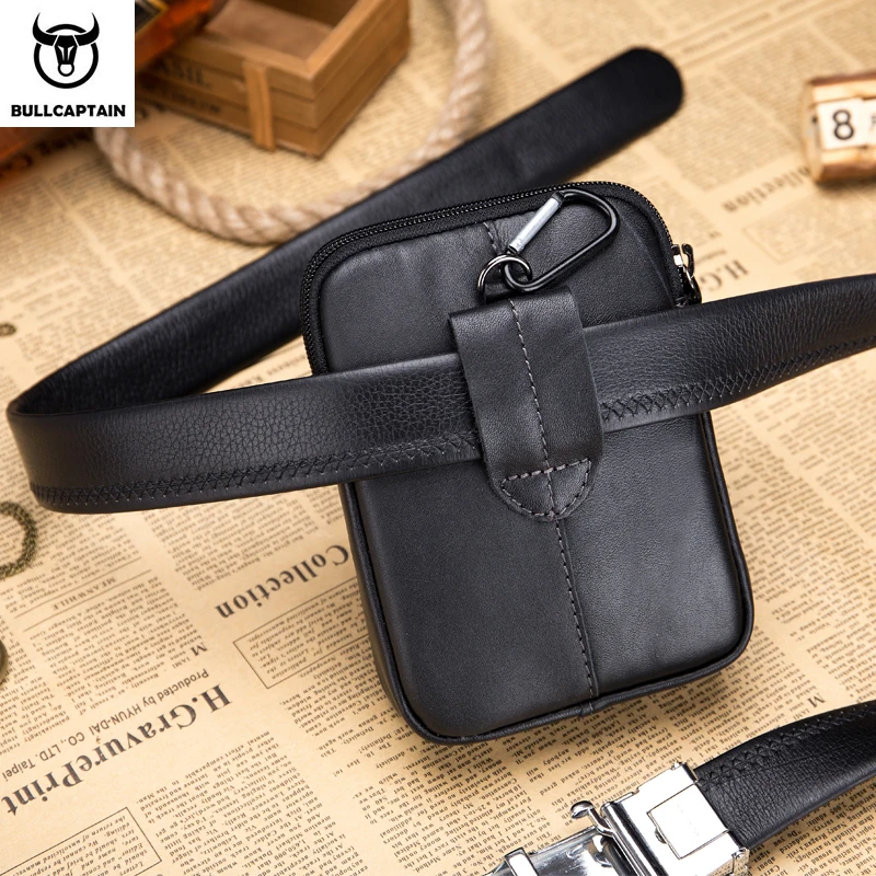 BULLCAPTAIN Leather Men\'s Casual Waist Bag Cowhide Fashion Hook Waist Bag Suitable For Cigarette Case 5.5 Inch Mobile Phone Bag