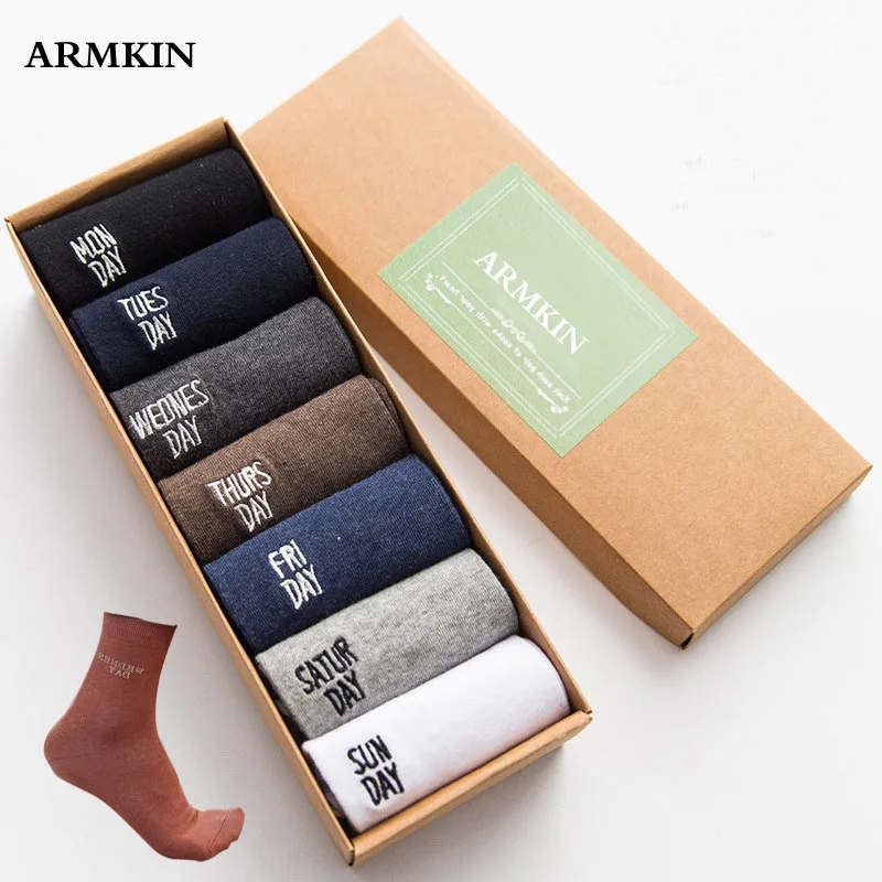 ARMKIN 7 Pasang/Lot Kaus Kaki Pria Bisnis Kasual Kaus Kaki Kru Kaus Kaki Katun Warna Murni Kaus Kaki Mingguan Lucu Chaussette Homme