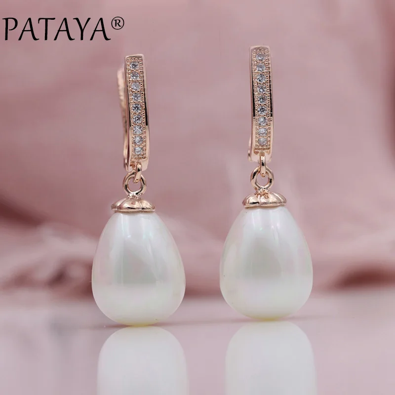 PATAYA New 585 Rose Gold Color Micro Wax Inlay Natural Zircon Faux Shell Pearls Multicolor Drop Long Earrings Women Fine jewelry