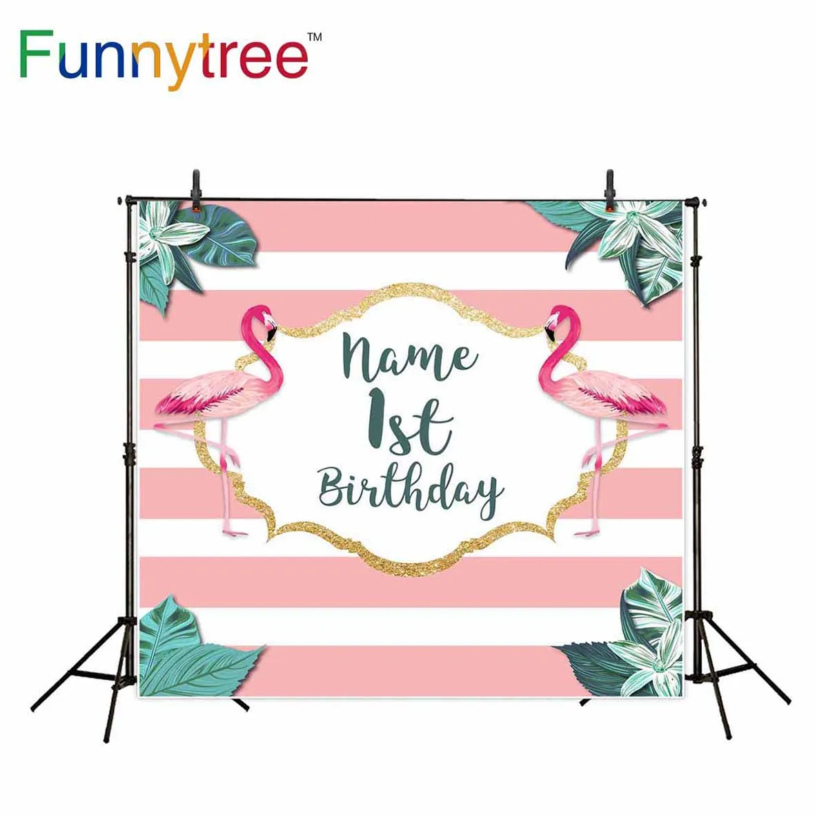 Funnytree backdrop for photographic studio Flamingo stripe tropical leaves birthday professional background photobooth prop