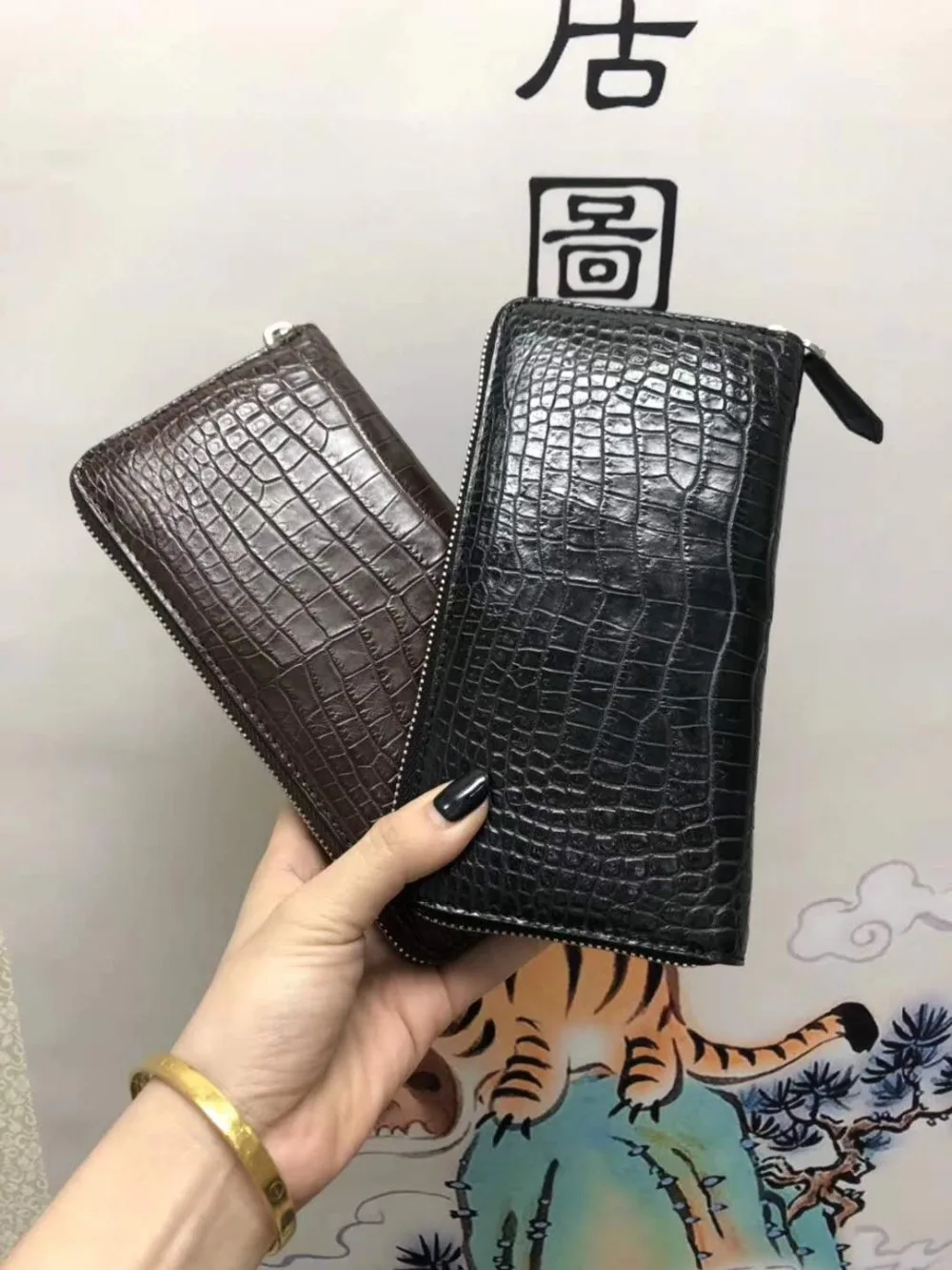 

100% REAL genuine crocodile leather skin men wallet long size wallet bank card holder case black color matt crocodile skin