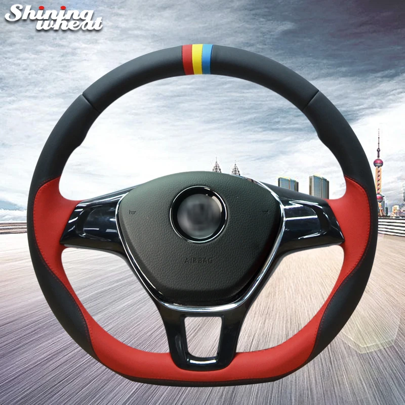 Shining wheat  Black Red Leather Steering Wheel Cover for Volkswagen VW Passat B8 Golf 7 Mk7 New Polo Jetta