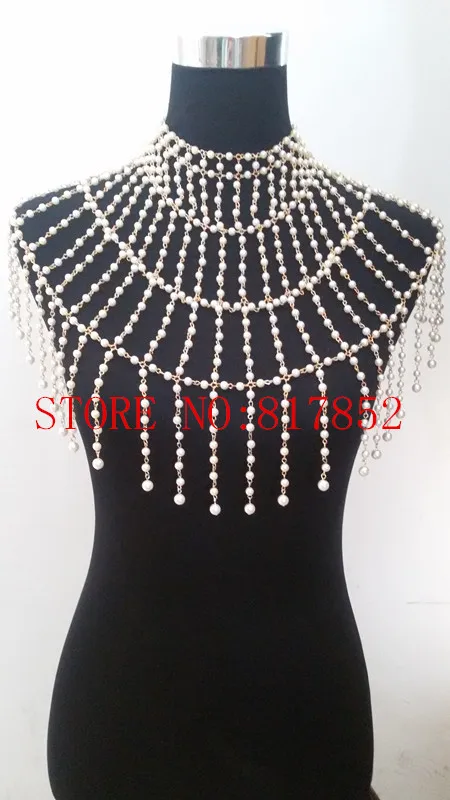 Fashion Style P12 Women Imitation White Pearls Silver Plated Chains Necklace Beads Shoulders Body Jewelry Pearls Jewelry