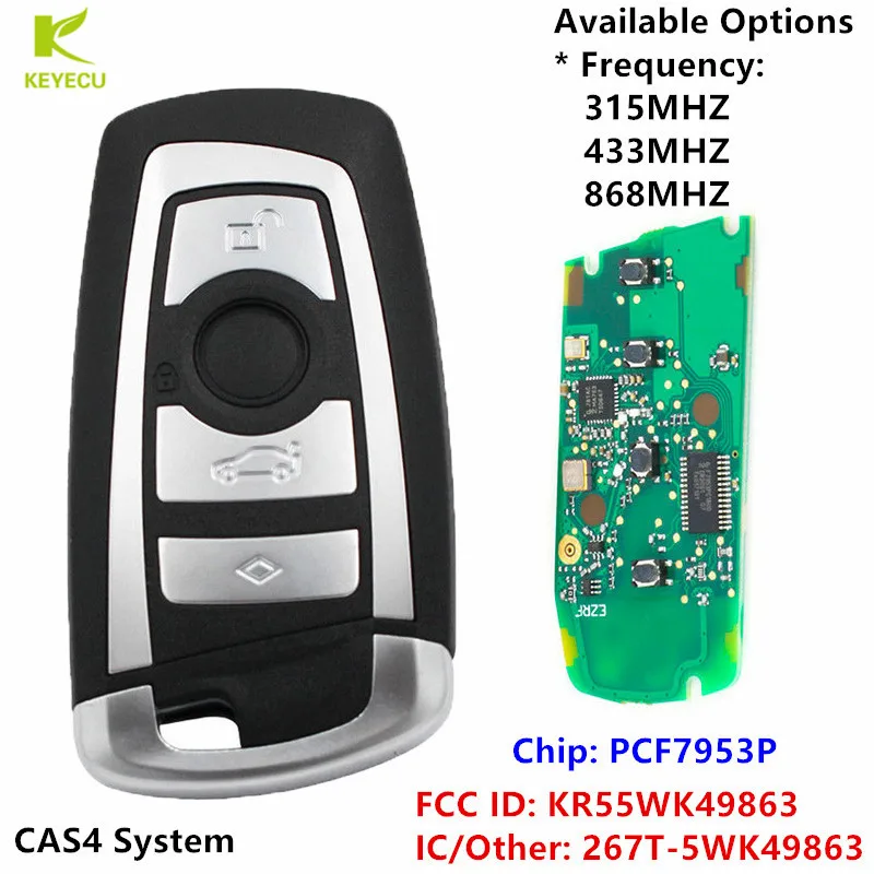 KEYECU Sostituzione Smart Fob Chiave A Distanza 4 Pulsante 315 MHz/433 Mhz/868 MHz Con PCF7953P per BMW 5 7 serie X3 M5 M6 KR55WK49863 CAS4