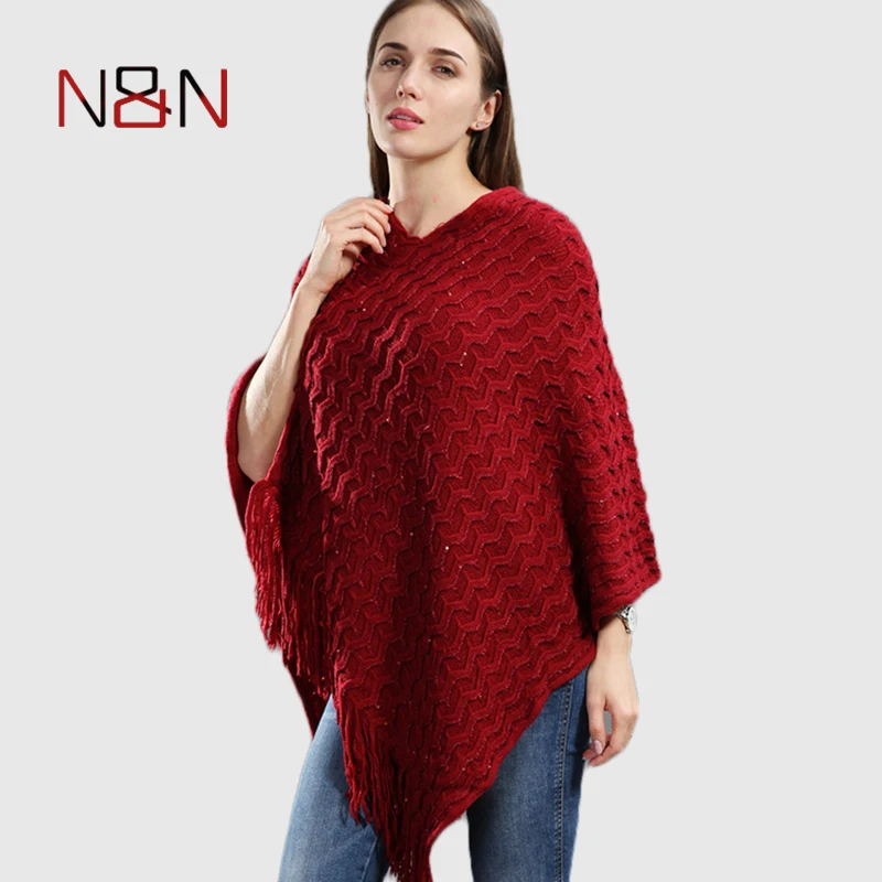 Nowy sweter damski Poncho Plus rozmiar Batwing solidne paski cekiny szalik zimowy gruby sweter z frędzlami rękaw Poncho i peleryny
