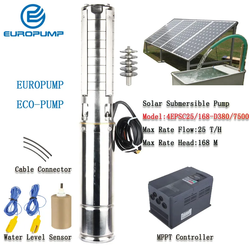 

EUROPUMP 4 Inch 10HP Solar Submersible Deep Well Pumps,Stainless Solar Water Pump MPPT controller MODEL(4EPSC25/168-D380/7500)