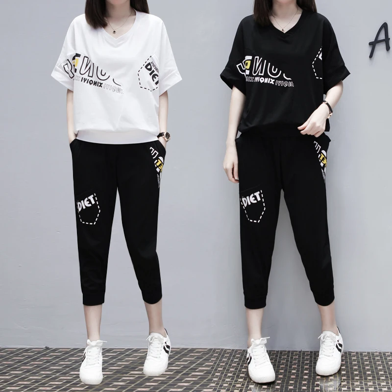 4XL 2023 Summer Large Size Sporting Suit Women Casual Loose 2 Piece Tracksuit Sets Female Print Short Sleeve T-shirts+pants Suit