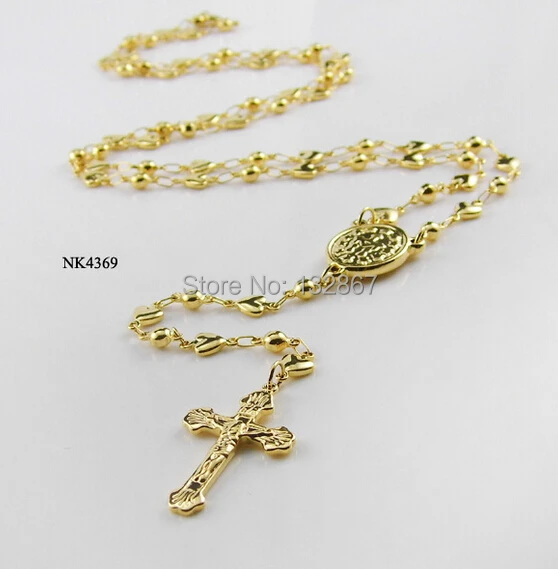 Brand New Sweet Style 5 mm Women&Girls'Gift Gold Rosary Necklace Stainless Steel religous jusus Cross Beads Hearts Crucifix