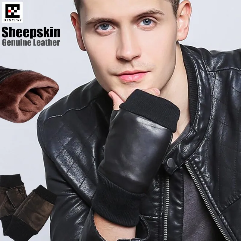 10p High Quality  Men's Genuine Leather Sheepskin Gloves,100% Real Lambskin Gloves, Plus Velvet Threaded Fingerless Warm Gloves