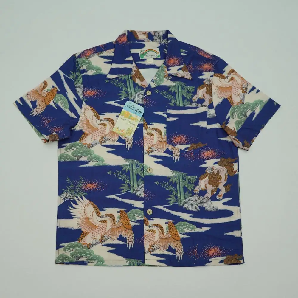 BOB DONG Chinese Style Men Hawaiian Pocket Tee Shirts Vintage Short Sleeve Blue