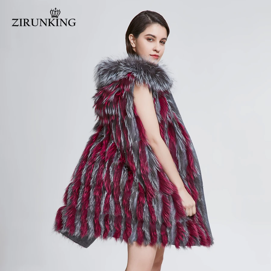 ZIRUNKING Women Hooded Real Fox Fur Vest Female Fur Sleeveless Coat  Lady Fashion Slim Natural Fox Fur Vest Overcoat ZC1837