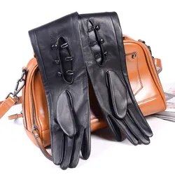 Guantes de cuero Real sin forro para mujer, cuero de doble cara, tres botones, muñeca, fiesta de noche, ópera, 40, 50, 60, 70, 80cm