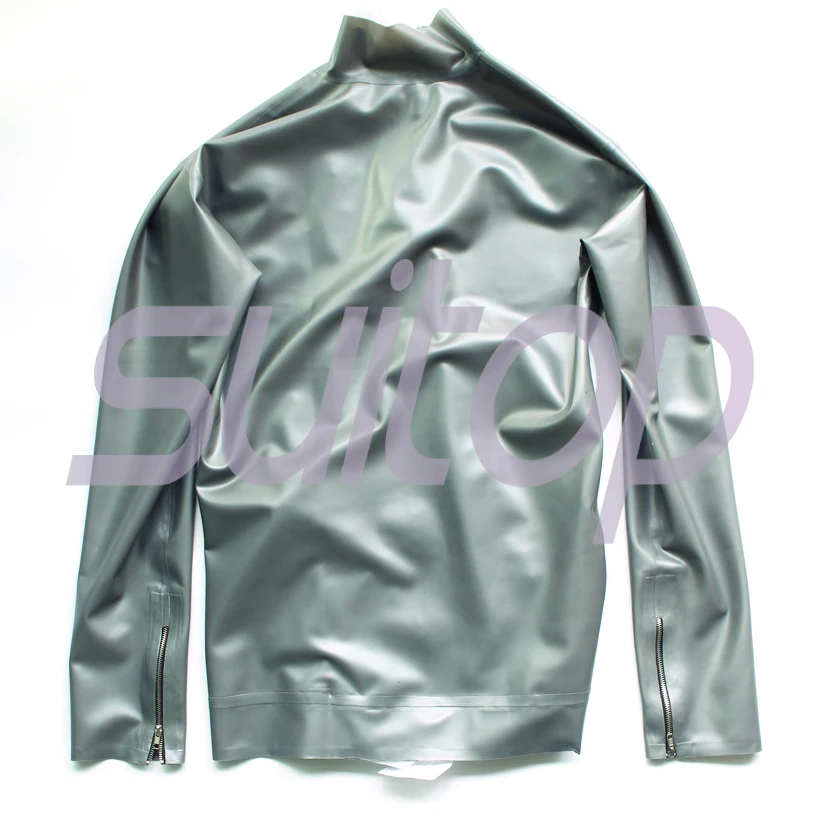 Men 's latex jacket with high neck rubber latex in metallic silver