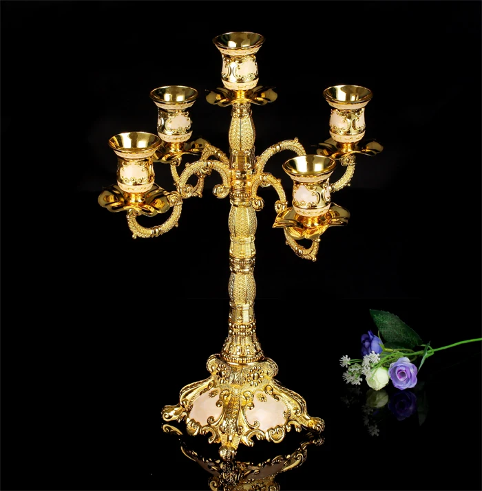 

Antique european gold plated Carved metal 5 arm candle stand candlestick gold home decorZT012