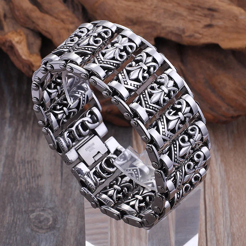 Bracelets For Men\'s Boy\'s Fashion Chain Jewelry, 316L Stainless Steel Rock Punk Motorbiker cross flower Bracelet and Bangle