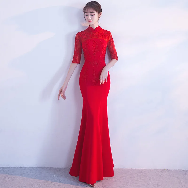 Red Half Sleeve Elegant Oriental Lady Wedding Cheongsam Traditional Chinese Bride Mermaid Dress Mandarin Collar Long Qipao