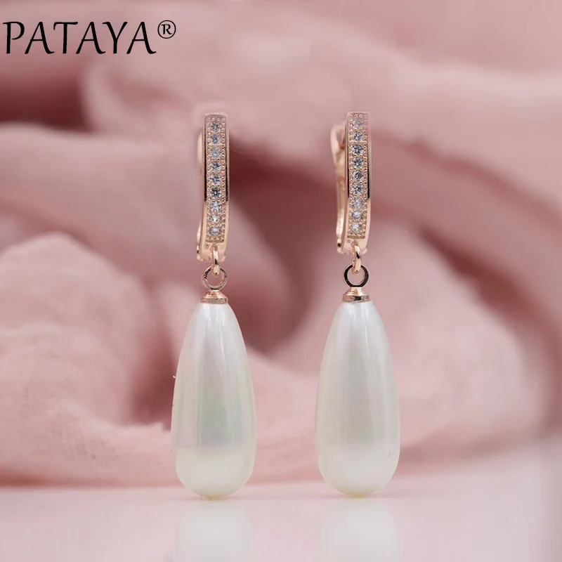 PATAYA New Fashion Multicolor Long Imitation Pearls Natural Zircon Dangle Earrings 585 Rose Gold Color Women Wedding Jewelry