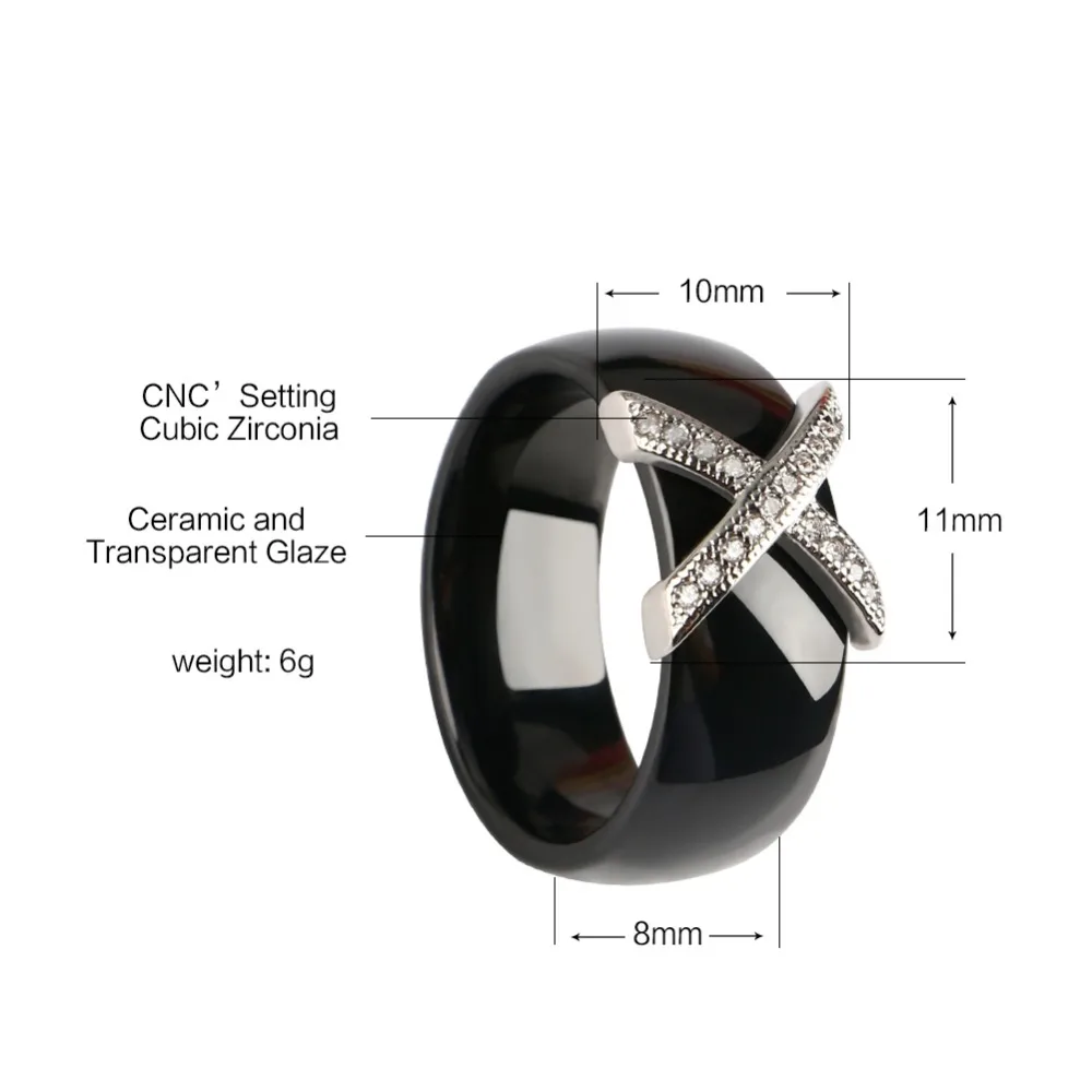 Fashion Jewelry Women Ring With AAA Crystal 8 mm X Cross Pink Black White Ceramic Rings For Women Men Plus Big Size Wedding Ring