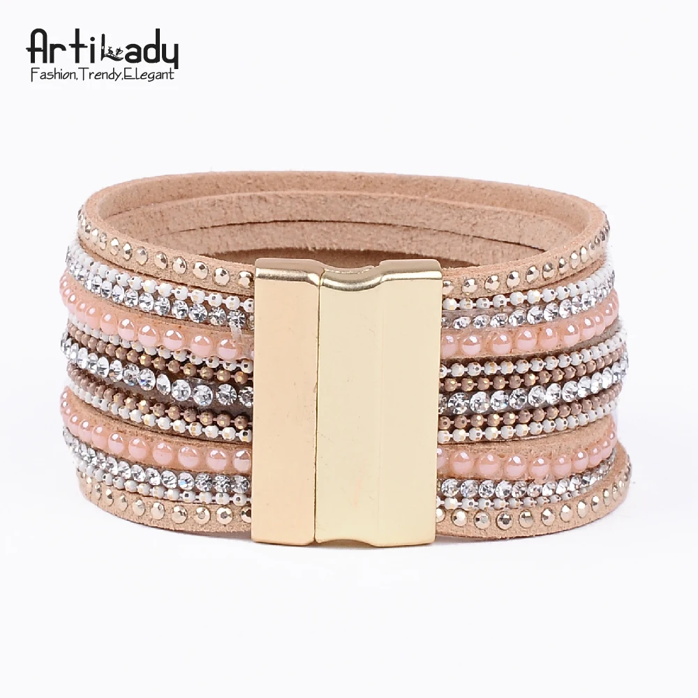 Artilady Tennis Bracelet Women Width Leather Bangles Design Bangles Magnet Bracelet Luxury Women Jewelry Gift for Girlfriend