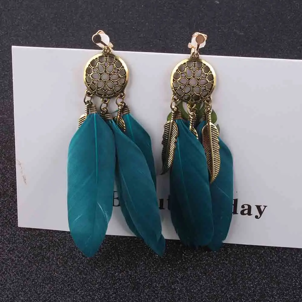 JIOFREE-pendientes de Clip de plumas azules bohemias Vintage de alta calidad para niñas, sin perforación, fiesta, no necesita agujero para la oreja