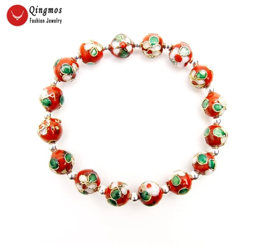 Qingmos Trendy China Feature Cloisonne Bracelet for Women with 10mm Round Red Cloisonne Flower Beads Bracelet Jewelry 7.5'' b468