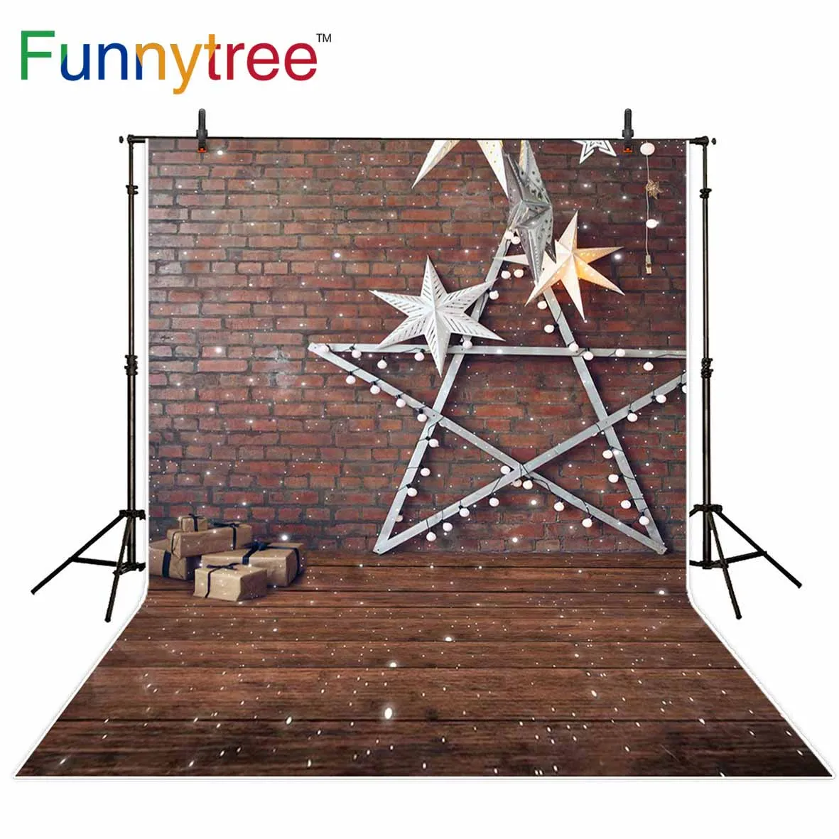 Funnytree backdrop for photographic studio Christmas stars snow gift brick wall bokeh professional background photocall printed