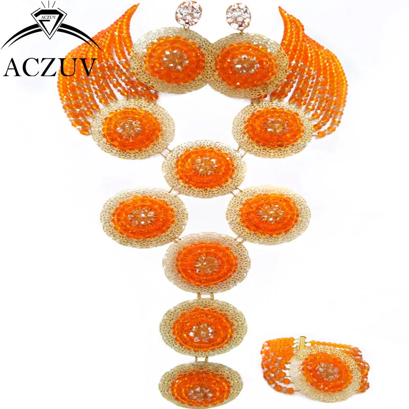 

ACZUV Brand Orange and Gold AB Crystal Costume African Beads Jewelry Set for Nigerian Wedding A10R003