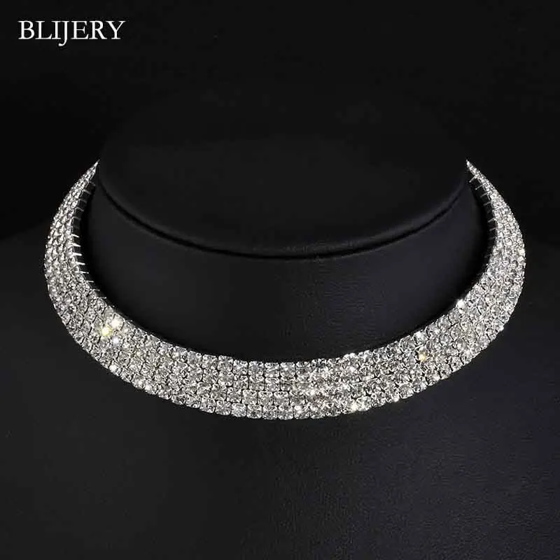 BLIJERY Silver Color Crystal Choker Necklace for Women Wedding Accessories Rhinestone Chokers Wedding Prom Jewelry Femme Collier