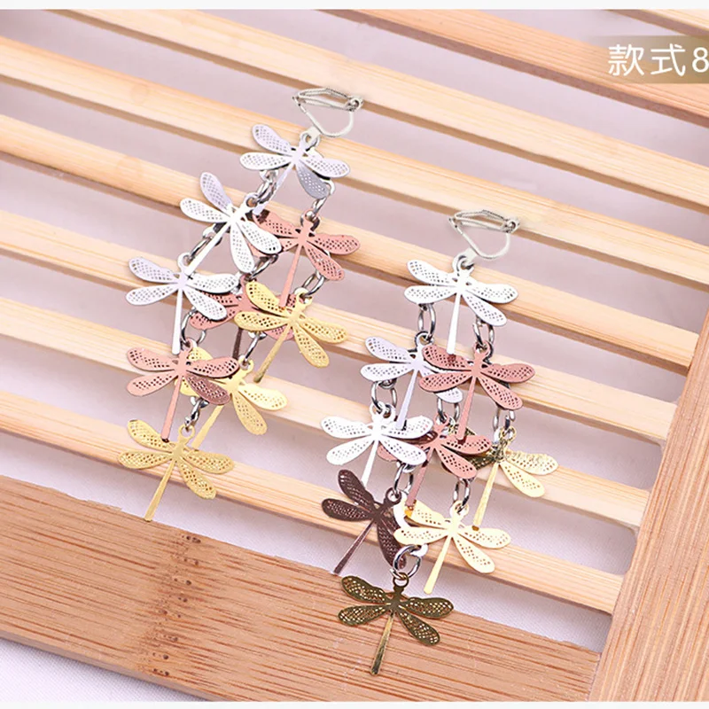 JIOFREE Fashion Long Vintage Colorful dragonfly Clip on Earrings for Women Boho Statement Non Pierced Charm Jewelry