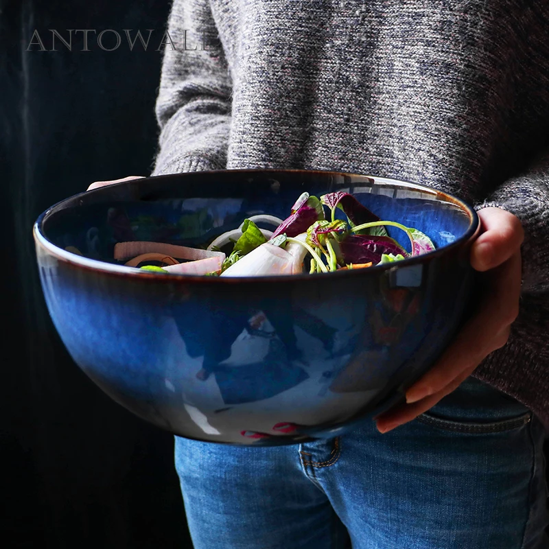 ANTOWALL Dim Blue Retro Kiln Glaze Ceramic Fruit Salad Bowl 9inch Large Capacity Bowl Restaurant Household Tableware Bowl