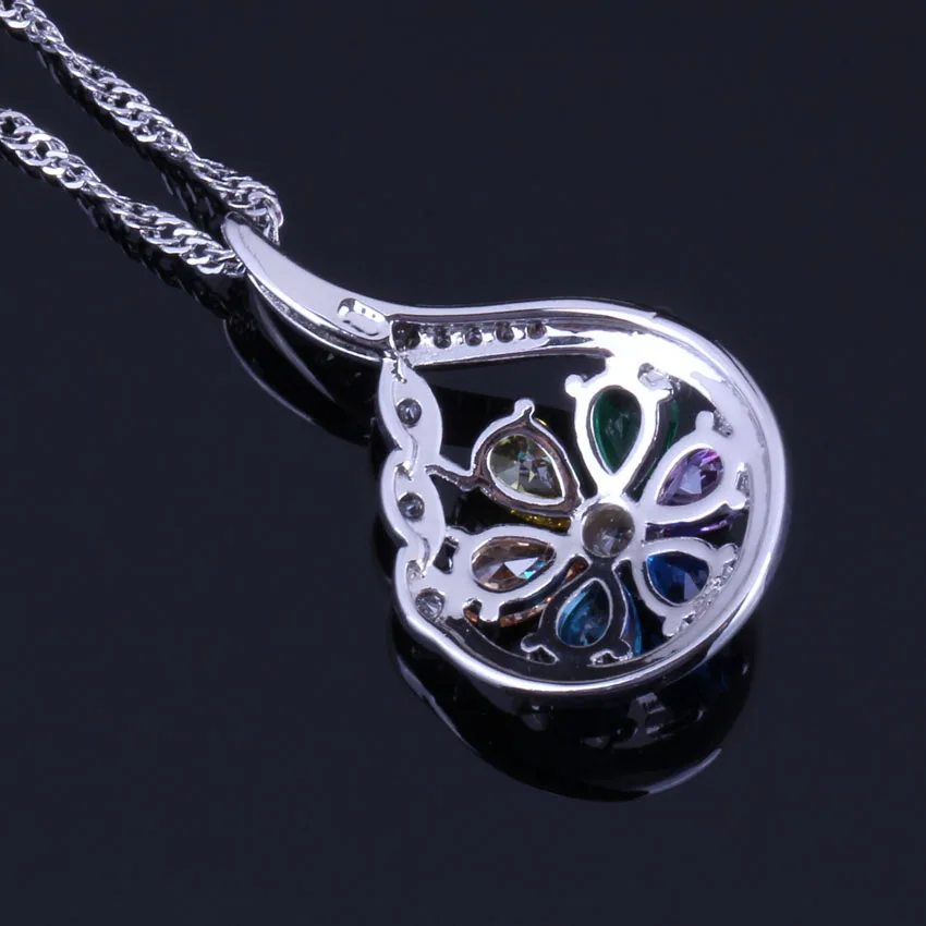 Flower Multigem Multicolor Cubic Zirconia Silver Plated Jewelry Sets Earrings Pendant Chain Ring V0319