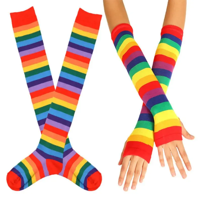 Women Rainbow Colorful Striped Thigh High Socks Arm Warmers Set Knitted Over Knee Stockings Fingerless Long Gloves Mittens