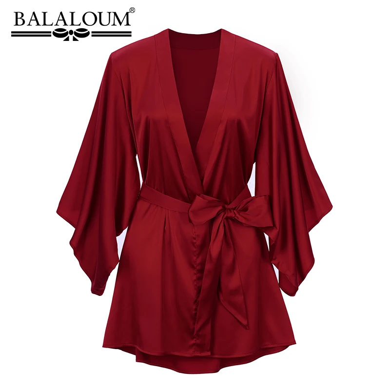 

BALALOUM New Arrivals Women Red Robe Silk Sexy Kimono Nightgown Nightdress Wedding Bridal Party Bath Robes Gift High Quality