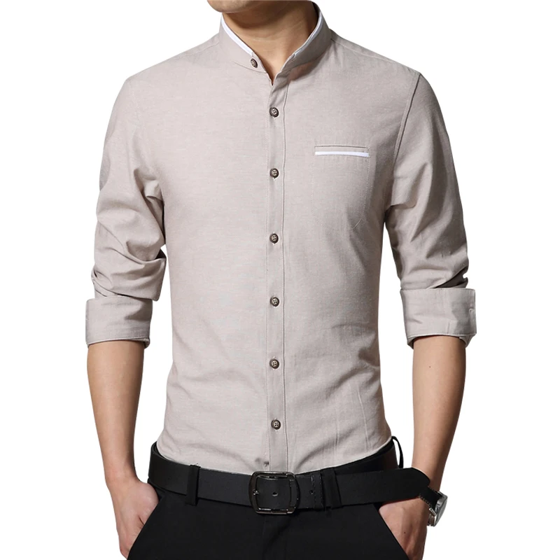 2024 New Brand Men\'s Casual Shirt Long Sleeve Banded Collar Easy Care Collarless Shirts Slim Fit Dress Shirt For Men Business