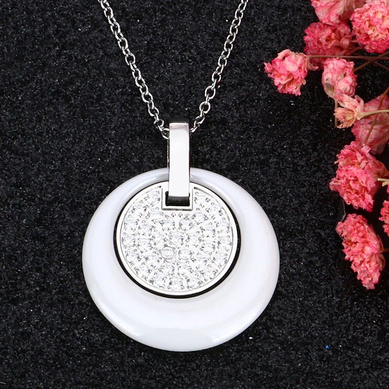 White Pendant Necklace Double Layers Circle Ceramic With Bling Rhinestone Crystal For Women Fashion Jewelry 40cm Steel Chains