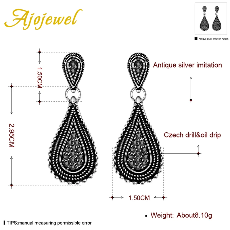 Ajojewel CZ Waterdrop Black Stud Earrings For Women Vintage Retro Jewelry Wholesale