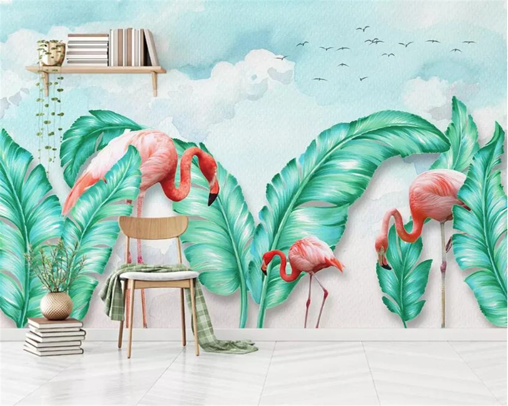 

Beibehang papel de parede Custom mural Nordic hand drawn tropical leaves flamingo Children's room background 3d wallpaper behang