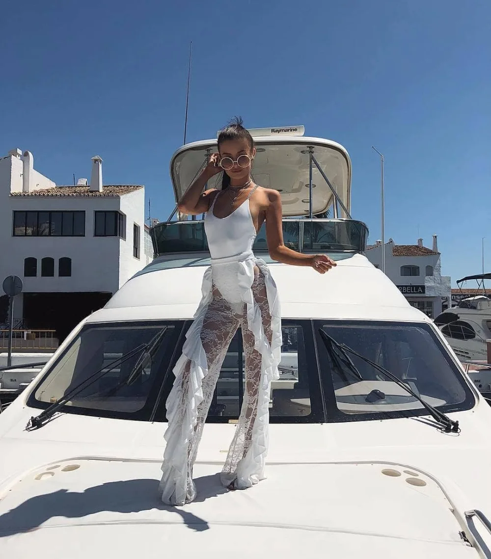 BKLD Sexy Women Beach High Waist Pants New 2025 Ruffles Lace See-through Wide Leg Pants Ladies Sexy Bikini Cover Up Trousers