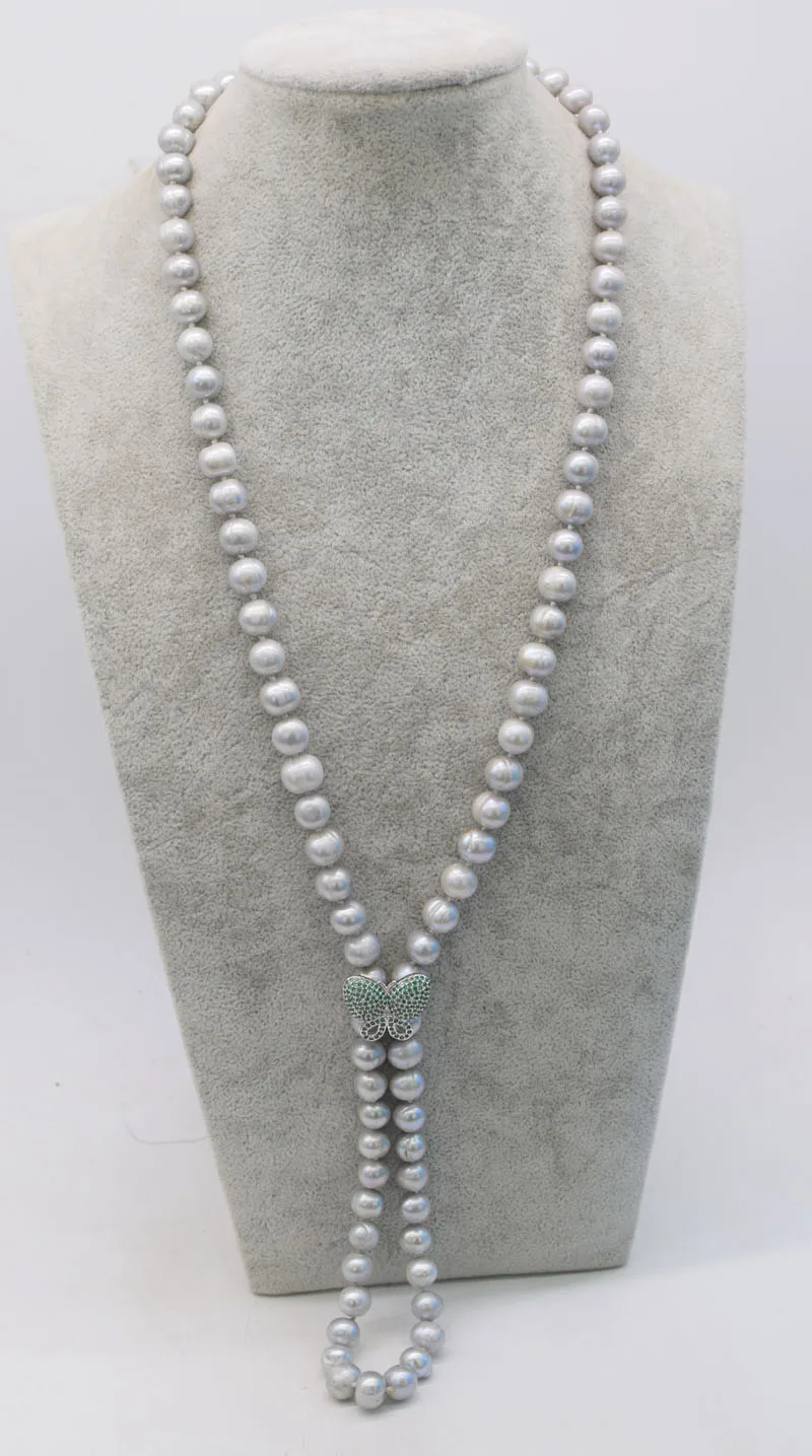 

freshwater pearl gray near round 8-9mm necklace 32" nature FPPJ wholesale beads green zircon butterfly