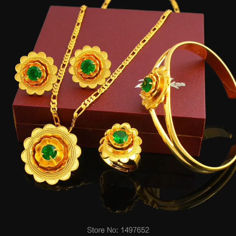 Adixyn New Ethiopian Beautiful Flowers set Jewelry 24k Gold Color Crystal African Eritrea Women Wedding Jewelry Set