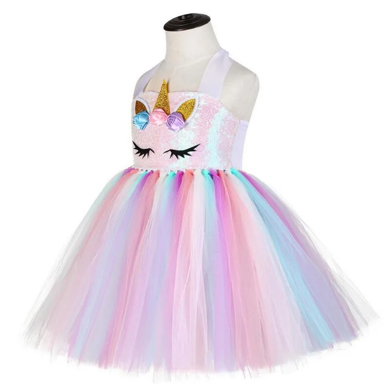 -disfraz de unicornio para niños, regalo de fiesta de cumpleaños para niñas, luces LED, vestido tutú de arcoíris con lentejuelas, disfraz de princesa brillante para Halloween