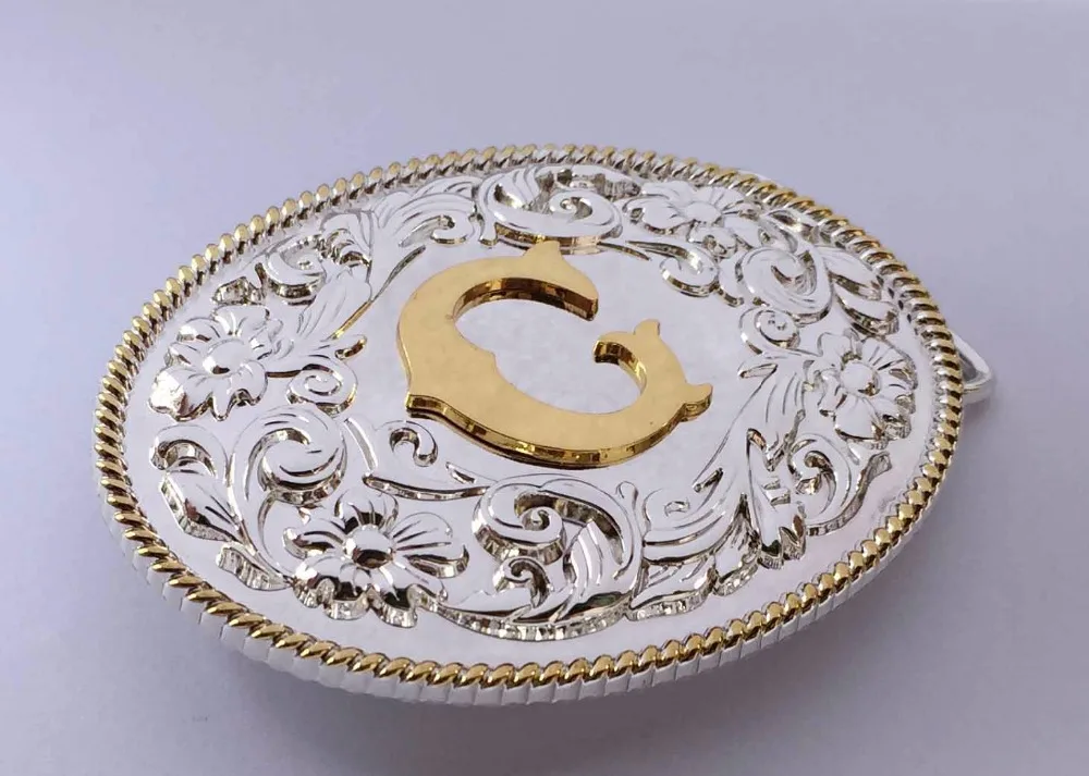 High Quality Oval Lace Golden Initial Letter Belt Buckle Silver With Gold Fashion Man Jeans Accessories For 4cm Wideth Belt
