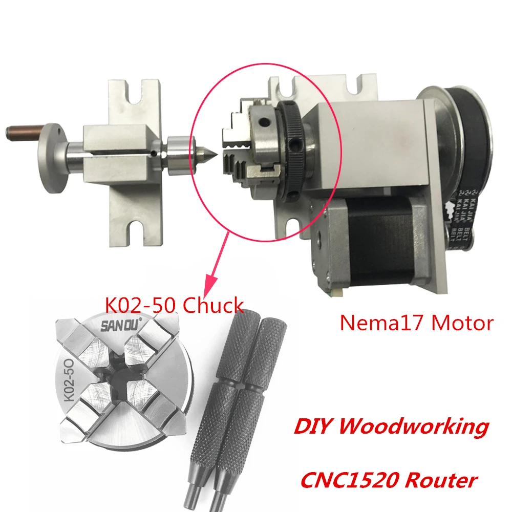 Milling Dividing Head Tailstock K02-50 4-Jaw 50mm Lathe Chuck Nema17 Motor Tail Stock 4th Axis Kit for CNC Woodworking Router