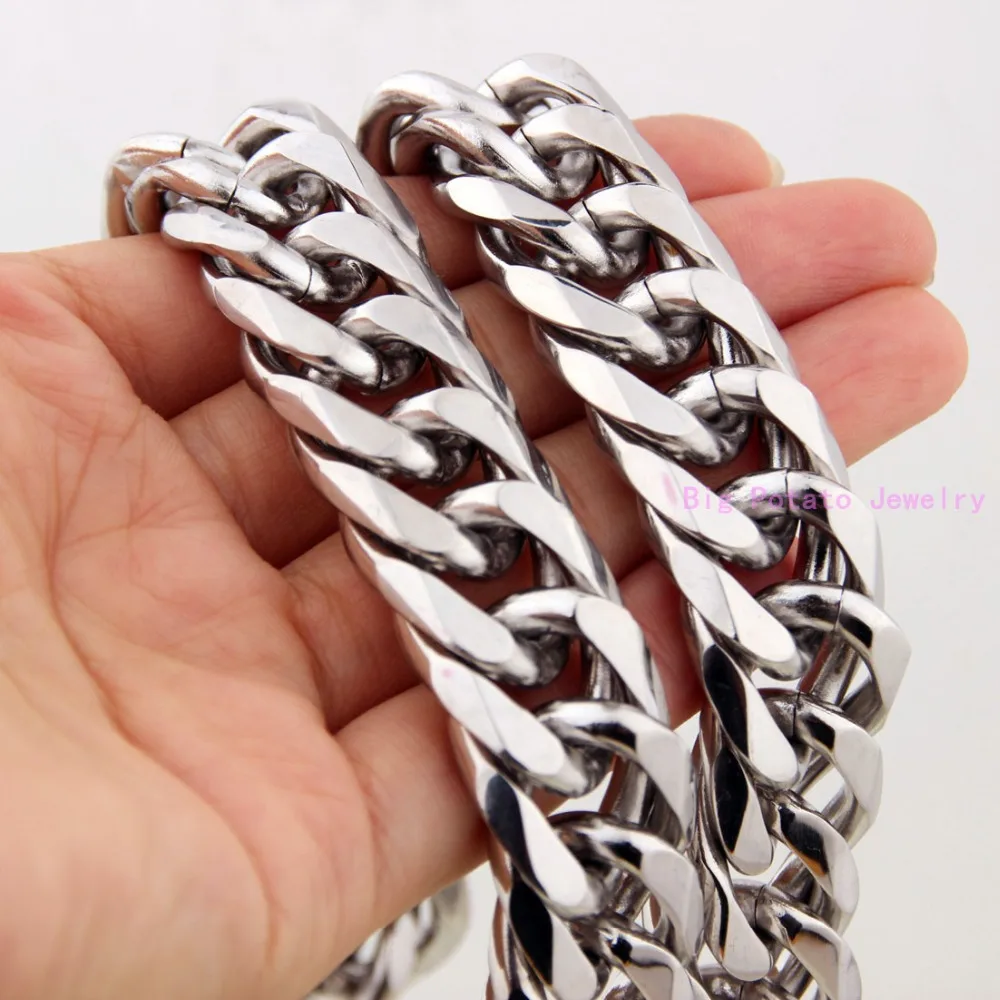 High Quality 19MM Polishing Silver Color Cuban Link Chain Bracelet  316L Stainless Steel Cool Men's Jewelry 7-11inch Custom Size