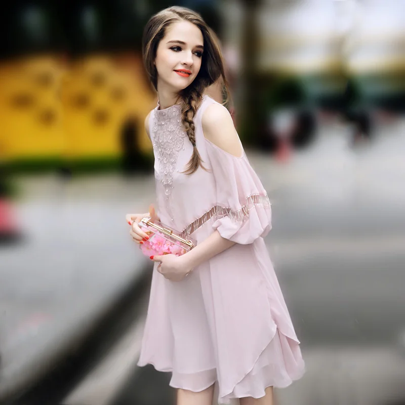 Summer Dress Women The European high-end fashion Hollow off the shoulder Chiffon Dress loose thin pink A-Line dress For Lady