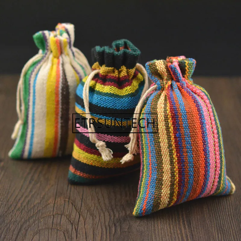 

300pcs Stripe Linen Drawstring Bag 10x14cm Jewelry Jute Gift Pouch Candy Coffee Bean Packaging Holder Wedding Favor