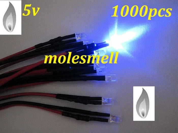 

Free shipping 1000pcs 3mm Blue Flicker 5V Pre-Wired Water Clear LED Leds Candle Light 20CM