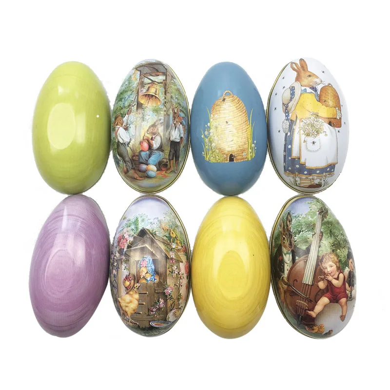 4 Pieces Easter Tin Box Eggs Shaped Candy Tinplate Case Bunny Chick Printing Party Foldable storage